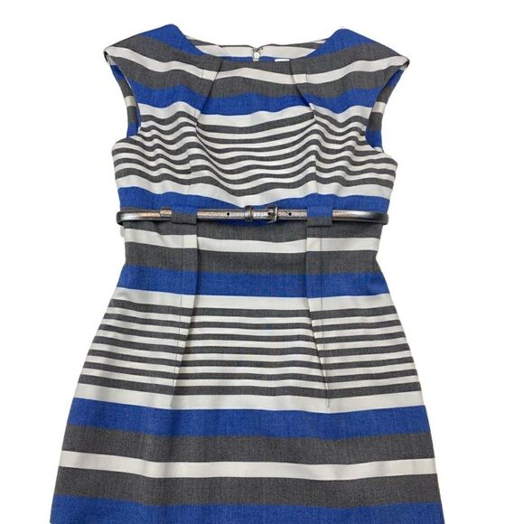 Calvin Klein Blue White Grey Belted Sheath Dress 2 - Picture 3 of 7
